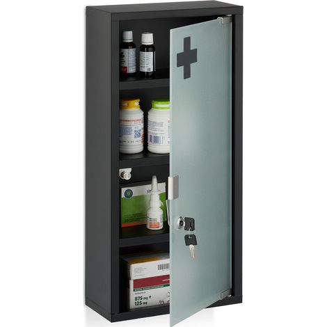 Relaxdays Armadietto Pronto Soccorso per Medicinali, Cassetta Farmaci a Chiave, HLP: 57x27x12 cm, Vetro e Acciaio, Nero