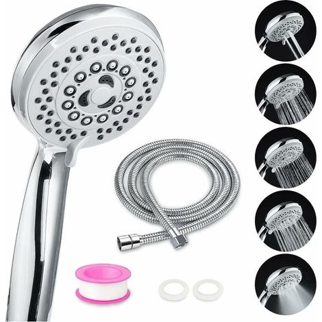 Pommeau Douche Tuyau de Douche, Douchette Pommeau Douche Anti Calcaire Accessoires Universels 5 Modes Haute Pression Economie d'eau, ABS+Acier Inoxy Douche Salle de Bain (1/5)