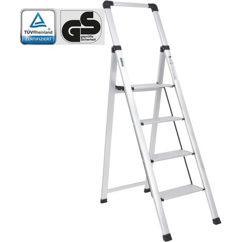 Alu Trittleiter 4-stufig silber klappbar mit Handlauf 150 kg TÜV GS