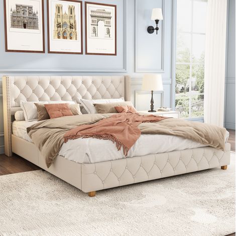 MEUBLIV Lit rembourré capitonné 140 x 190 cm avec tête de lit à ailes sommier à lattes revêtement en lin beige détails boutons et rivets pieds en bois (1/5)