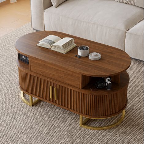 Mesa de centro ovalada elevable 100x50x64 cm con almacenamiento, MDF color nogal y patas de acero dorado (1/5)