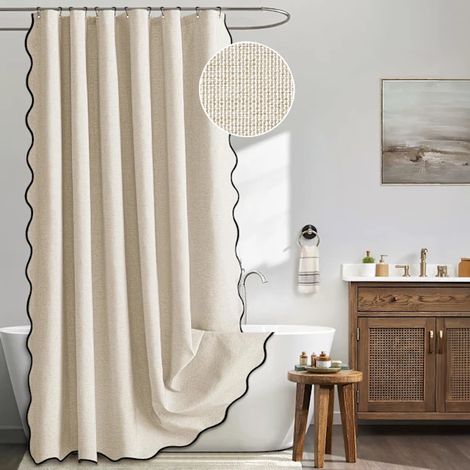 Filiyano-Rideau de douche beige à festons, texture lin, 183 x 183 cm (72 x 72 pouces), avec 12 crochets métalliques, résistant, lavable et (1/5)