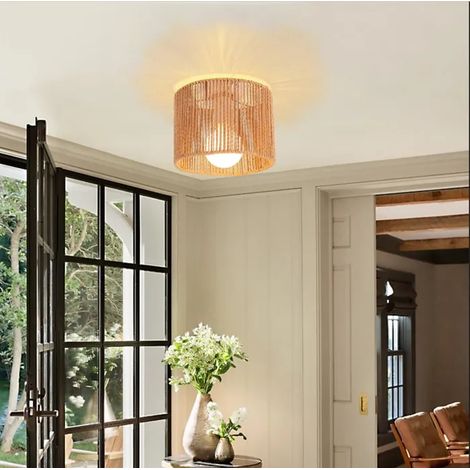 Plafonnier Industriel,20cm Lampe de Plafond Vintage en Rotin et Métal E27 Luminaire Design Cylindrique pour Salon Chambre (1/5)