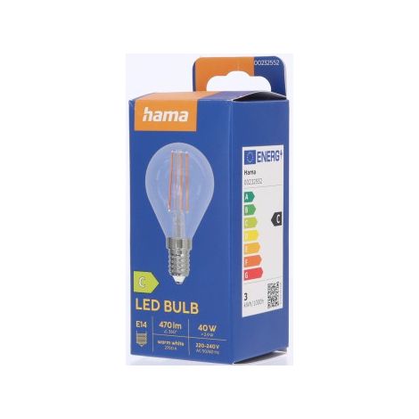 AMPOULE FILAMENT LED, E14, 470LM REMPL. 40W, GTTE P45, TRSP., BLC CHD HAMA (1/3)