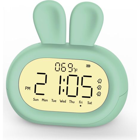 Niedlicher digitaler Wecker in Hasenform für Kinder mit Wochen-/7-Tage-Modus, Schlummerfunktion, einstellbarem Nachtlicht und Lautstärke, Thermometer, drei programmierbaren Alarmen, wiederaufladbar fü (1/5)