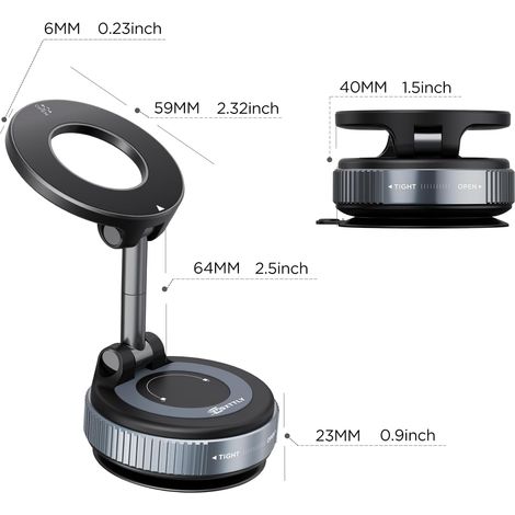 Support magnétique pliable pour voiture avec ventouse, réglable à 360° et silencieux, aimant extra puissant pour smartphones, convient pour voiture et rétroviseur... (1/4)