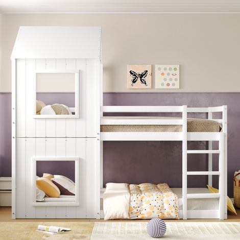90200cm Etagenbett, Kinderbett, Hausbett für Mädchen und Jungen, mit Leiter & Baldachin, bodentief, massivholz, weiß[OLD SKU:3071489WAA] (1/5)