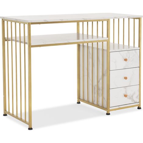 M MCombo Schminktisch mit Schubladen, ohne Spiegel Marmor-Weiß Gold, Nageltisch aus Holz Metallgestell, Computertisch Wohnzimmer Modern, 109 x 45,5 x 81cm, 2407WG (1/5)