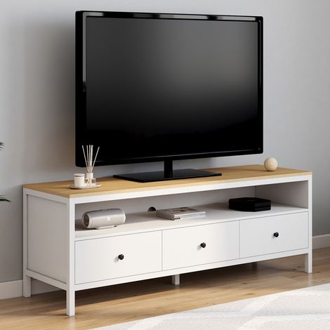 Meuble TV 140 cm  ACHILLE 3 tiroirs blanc et plateau bois