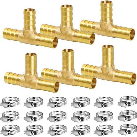 Raccord de tuyau en laiton pour pneumatique 10 mm, lot de 6 connecteurs de tuyau en laiton avec colliers de serrage (T) (1/5)
