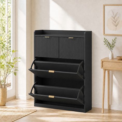 Meuble à chaussures noir 80x24x110 cm, armoire à chaussures moderne, rangement gain de place pour entrée, 2 portes abattantes, tiroirs pratiques, façade striée