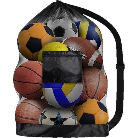 Sac à ballons en filet avec cordon de serrage et bandoulière réglable, imperméable et antitache, robuste et durable, idéal pour ranger les ballons de football, de volley-ball et de rugby. Capacité : 8 (1/5)