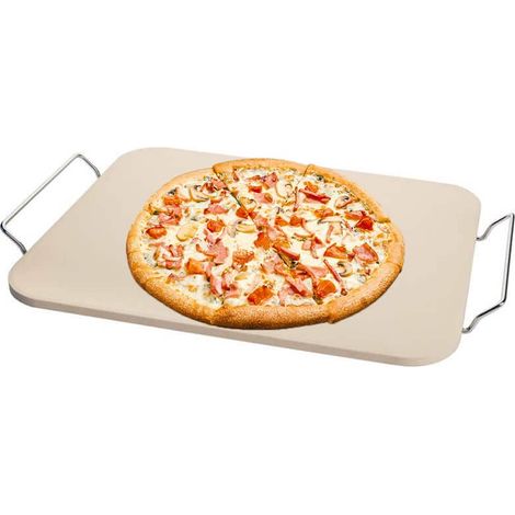 Pietra refrattaria rettangolare da 38x30 cm per pizza resistente fino a 280°C - Vassoio in Ceramica beige con supporto e manici in metallo per la cott (1/5)