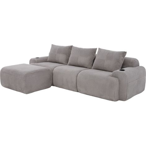 Modulares 3-Sitzer-Sofa aus Cord in Hellgrau mit Pouf, Getränkehalter und Seitentasche (1/5)