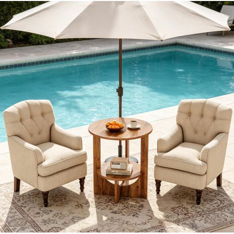 Table d'appoint ronde 50x50x65 cm marron rustique en MDF avec double plateau et pied en X (1/5)