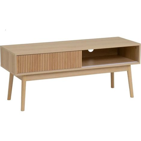 Meuble TV - JUANIO - 115x40x48 cm - Bois naturel - Porte coulissante à lattes - Niche passe-câble (1/5)