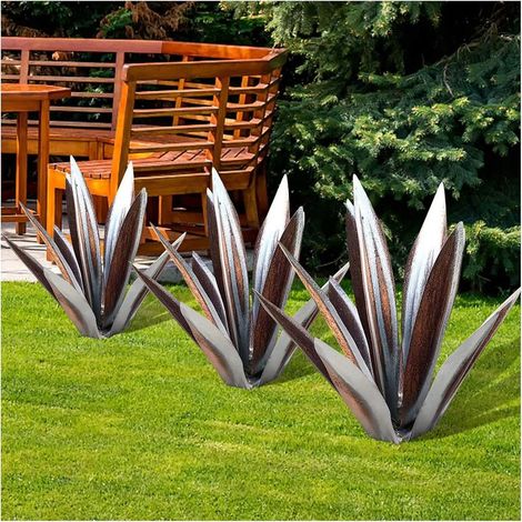 Sculpture Rustique de Tequila - Art décoration Statue Déco à la Maison, Figurines de Jardin, 9 feuilles, Plantes d'agave en Métal pour Cour Extérieure - 55cm argent (1/5)