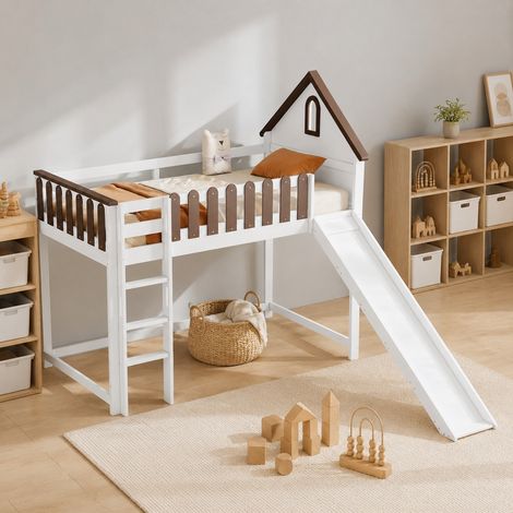 Cama alta infantil 90x200 cm de madera blanca, ahorro de espacio, sin colchón FloraGrace (1/5)