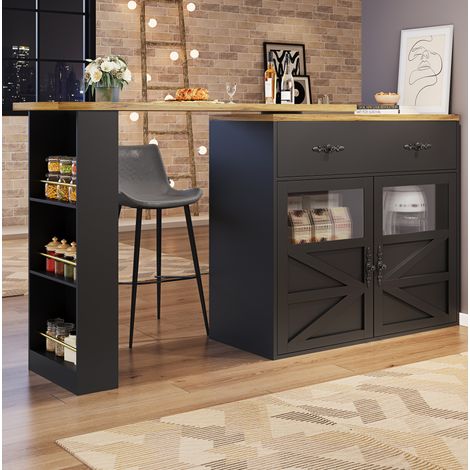 MODFU – Tavolo bar allungabile 138-204x39x104 cm in MDF con piano girevole 360°, cassetto, vani contenitore e portata 60 kg – Nero (1/5)
