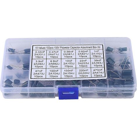 Sortimentsbox mit 150 Polyester-Folienkondensatoren (100 V, 15 Werte, 0,33 nF–470 nF),