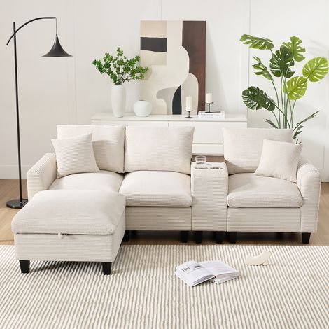 Divano angolare a 3 posti in velluto a coste beige per soggiorno moderno, versatile con consolle e pouf contenitore, porte di ricarica USB