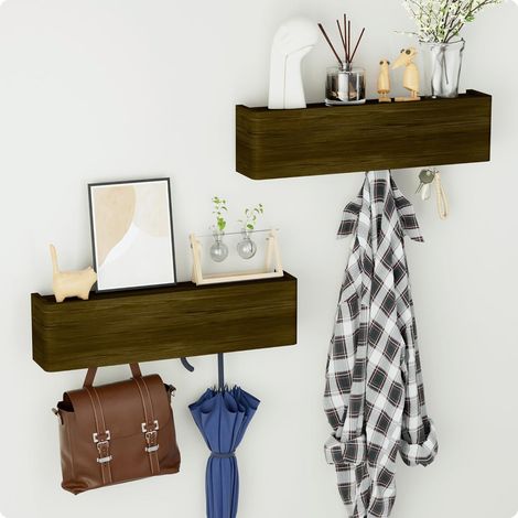 Porte Manteau Mural Bois, Patères Portemanteaux pour Entrée, Lot de 2 Meuble Entrée,Vestiaire Flottant, Étagère Suspendue, pour Chambre, Salle de Bain, Marron Foncé (1/5)