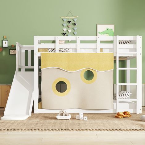 Lit superposé enfant 90x200 cm avec escalier et barrières Lit enfant en bois avec rideaux de lit et toboggan Cadre en pin Blanc (1/5)
