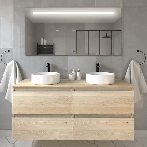 Meuble de salle de bain avec vasques rondes - bambou (chêne clair) - BALEA et miroir Led STAM - 120cm (1/5)