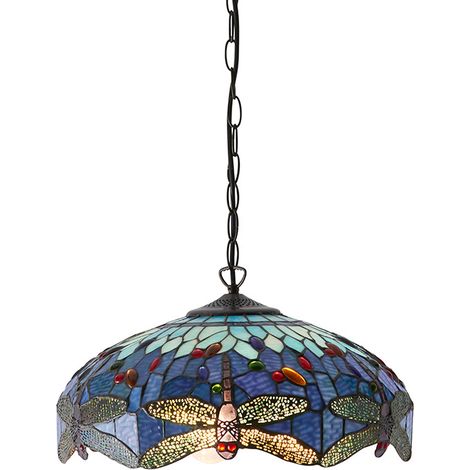 Lampada a sospensione Tiffany in vetro Blu Libellula 3xE27 (1/5)
