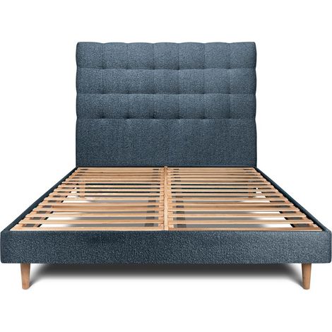 Lit 140x190cm avec tête de lit capitonnée bouclette et sommier kit Bleu - Hauteur totale : 29cm (1/5)