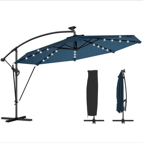 Parasol déporté avec éclairage solaire LED Ø345 cm, parasol de jardin en aluminium avec base en croix et cache-manivelle bleu (1/5)