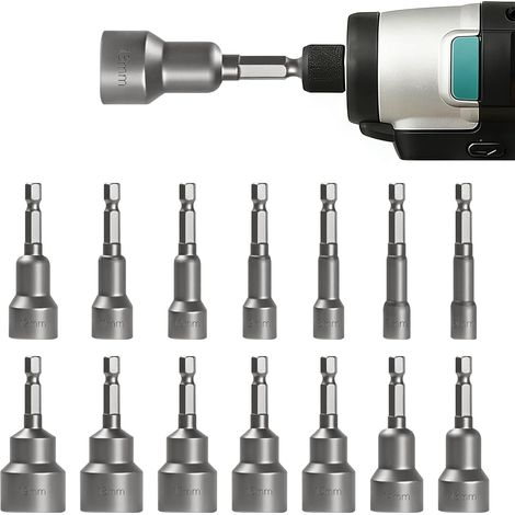 14 Pcs Douilles Hexagonales Magnétiques, 6-19 mm Embout Visseuse Aimanté, clés pour forets et douilles (1/4)