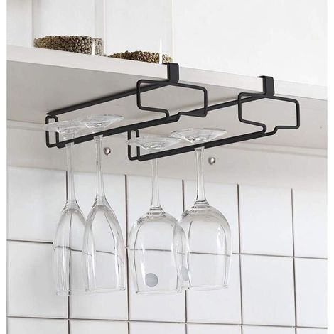 Weinglasregal, 2-teiliger Stielglashalter für Schränke, Weinglasregal für unter den Schrank, Hängeregal für die Küche, Schwarz (für Trennwandstärken unter 2,54 cm) ... (1/5)