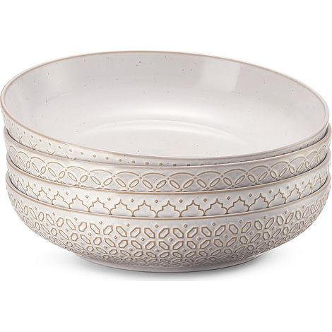 Assiettes Creuses Profondes, 1660ml Grands Bols à Pâtes, Φ25.2cm Large et Profond Saladier pour la Cuisine, Assiette de Service en Grès pour Fruit, Steak, Ragoût Lot de 4, Blanc Vintage (1/5)