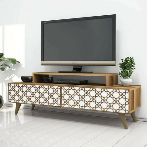 Dmora - Mueble de televisión Sheratan, Aparador de salón, Mueble bajo para TV, Base de pared equipada, 140x42h49 cm, Nogal y Blanco, con embalaje reforzado (1/5)