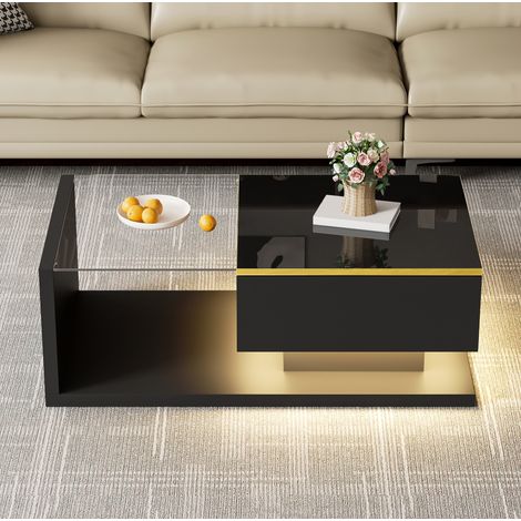 Tavolino da caffè in truciolare nero con vetro temperato e LED, 90 x 50 cm (1/5)