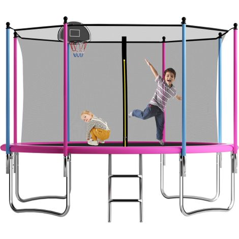 12FT Pink Outdoor Trampoline with Basketball Hoop, Safety Net, Ladder for Kids and Adults, Supports Up to 150kg