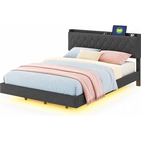 Lit double 160x200 cm rembourré avec LED multicolore, port USB, rangement relevable et tête de lit réglable, structure métal gris - CHICFURN (1/5)