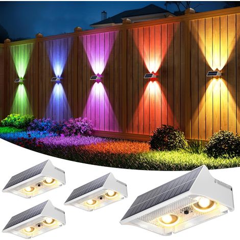 Lot de 4 lampes Solaires pour Extérieur, 9 Modes de Lampes Murales Solaires RGB Etanches vers le haut et vers le bas, Eclairage Solaire Puissant pour Clôture de Jardin, Patio, Porte (1/5)