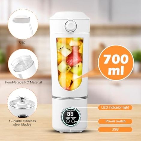 Mixeur portable 700 ml - Petit presse-agrumes rechargeable - Avec 12 lames en acier inoxydable - Mini blender pour smoothies et shakes - Extracteur de jus portable pour voyage/bureau/sport (blanc) (1/3)