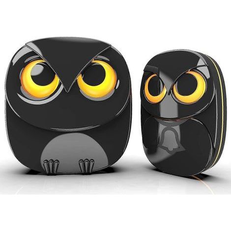 Sonnette sans fil, motif hibou mignon, résistante aux intempéries IP55, avec télécommande extérieure - portée sans fil de 300 mètres, 1 récepteur + 1 émetteur, noire-AquaForge (1/5)