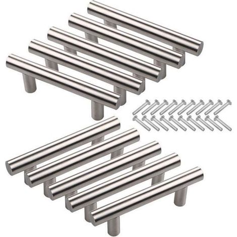 10 tiradores para puertas de armario con una distancia entre centros de 64 mm, equipados con tornillos huecos en forma de T de acero inoxidable cepillado, aptos para muebles de cocina, armarios y cajo (1/4)