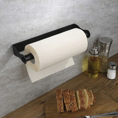Dérouleur de papier toilette autocollant, porte-rouleau de papier toilette Space en aluminium, 16 x 9,8 cm, noir (1/5)