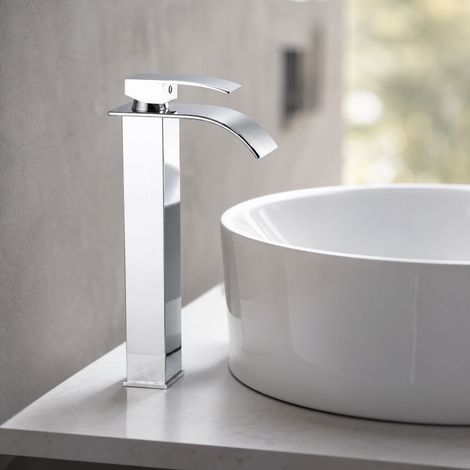 Robinet cascade pour lavabo, mitigeur eau chaude et froide, bec plat surélevé 305mm, corps inox chromé avec flexibles (1/5)