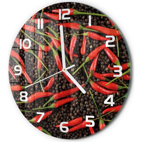Horloge Murale Ronde Décoration Cuisine en Verre Trempé Silencieuse Moderne Piments fi 30 cm (1/5)