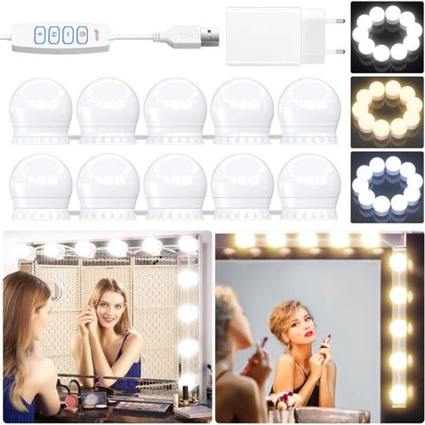Lampe de miroir LED avec adaptateur, 10 ampoules à trois couleurs réglables à intensité variable – Éclairage Hollywood pour maquillage – Lampe de miroir LED pour coiffeuse (1/5)