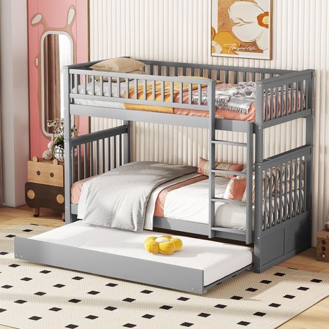 Lits superposés 90 x 200 cm, lits enfants, lits triples, lits superposés avec lit gigogne, barrières de sécurité hautes, escalier robuste, gris