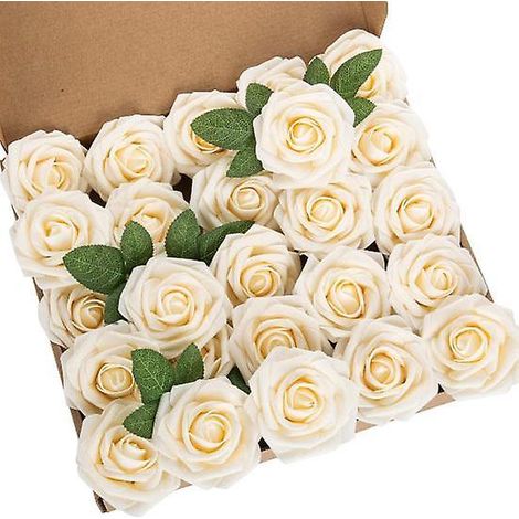 25 têtes de roses artificielles avec tige pour bouquets de mariage à faire soi-mêmeChampagne (1/2)
