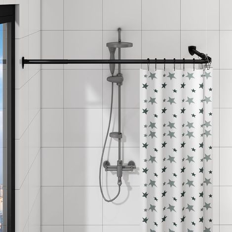 L Forme Tringle à Rideau de Douche, barre de douche extensible pour salle de bain, acier inoxydable avec 12 crochets à anneaux et support plafonnier (Noir, 60-130cm x 60-130cm) (1/5)