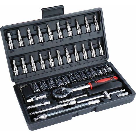Jeu de Douille 1/4 46 Pièces Douille de Clé Dynamométrique Acier Carbone Coffret de Clés à Douille Avec Cliquets,Clé à Douille,Poignée En T, Joint Universel,Jeu d&39Ecrous de Boîtier à Cliquet, Ensole (1/5)